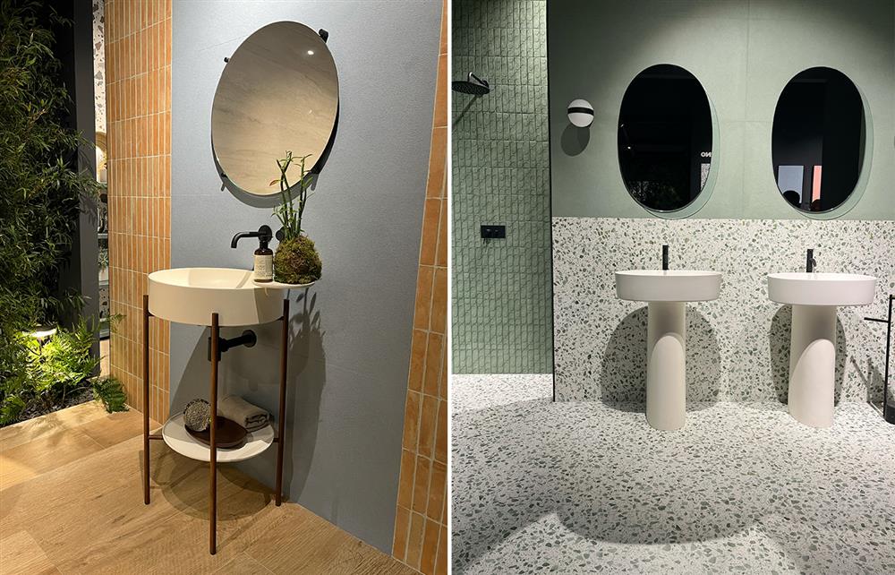 (Left) Vertical beige metro tiles, (Right) Terrazzo bathroom tiling